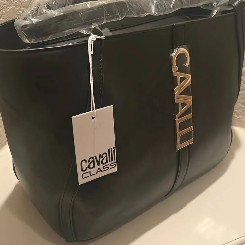 Cavalli Sandra Shopper Tote Black Onyx Gold Tone Logo Front Plate Chic NWT